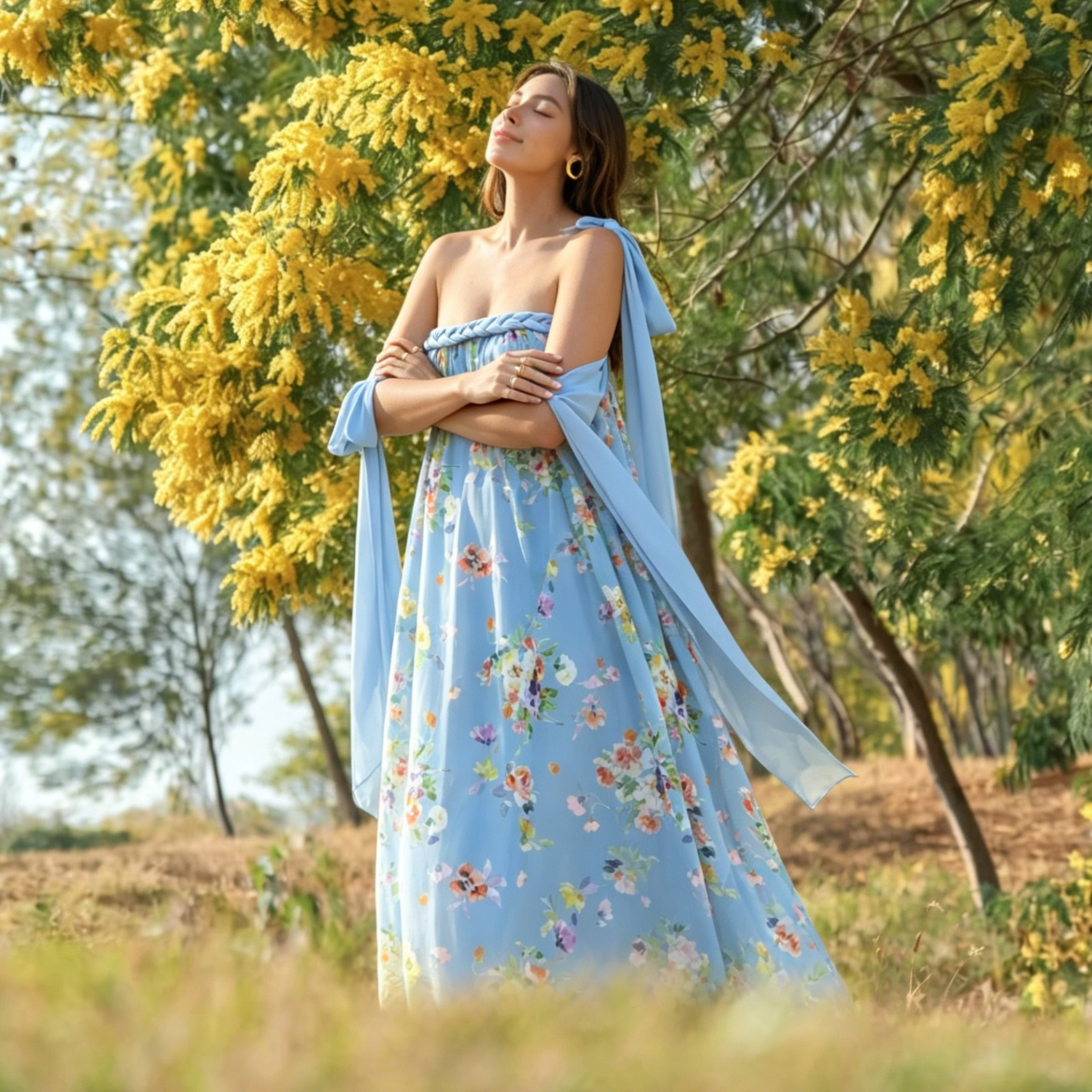 Blaues, geblümtes, schulterfreies Maxikleid - Blue - L - image 2