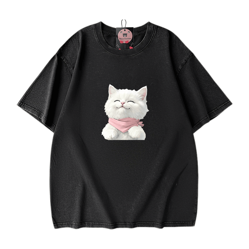 Modakawa Unisex Vintage T-Shirt mit weißer Katzengrafik - Black - 5XL - image 2