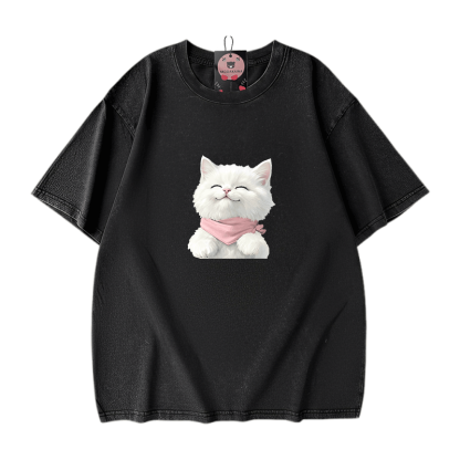 Modakawa Unisex Vintage T-Shirt mit weißer Katzengrafik - Black - 5XL - image 2