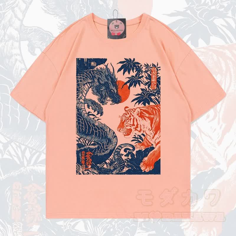 MODAKAWA Sommer-T-Shirt mit Drachen- und Tigerprint, lockere Passform, Kurzarm - Korallenpfirsich - 5XL - image 12