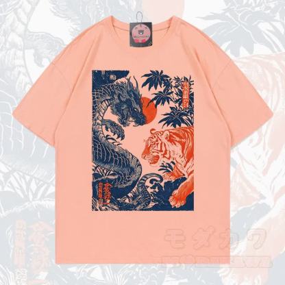 MODAKAWA Sommer-T-Shirt mit Drachen- und Tigerprint, lockere Passform, Kurzarm - Korallenpfirsich - 5XL - image 12