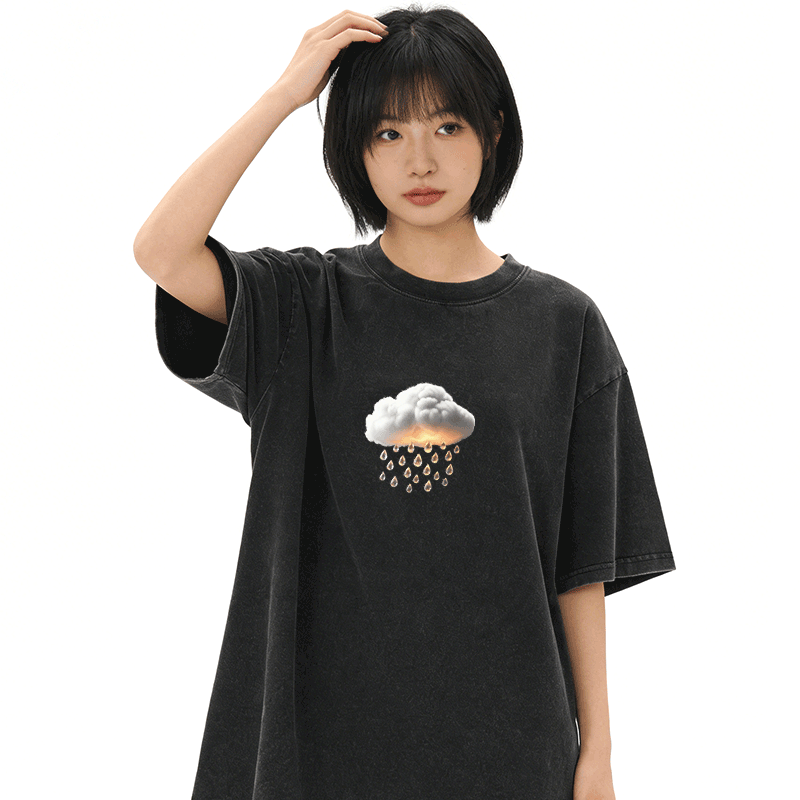 Modakawa Unisex Vintage Washed T-Shirt mit Wolkenregen-Grafik - image 3