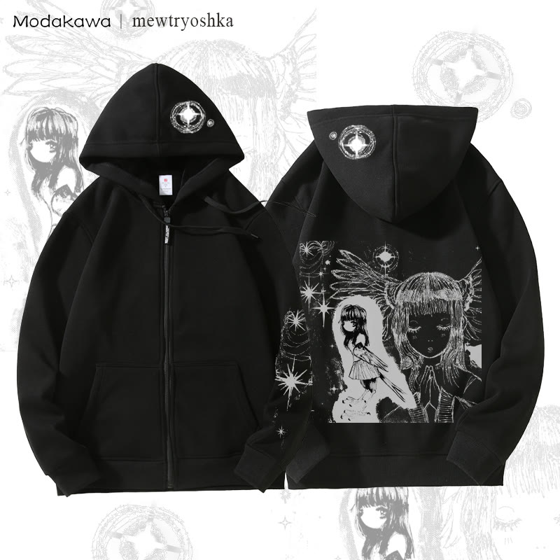 MODAKAWA X mewtryoshka Praying Angel Girl Graphic Fleece Lined Zip Up Hoodie Sweatshirt - Black - 5XL - image 3