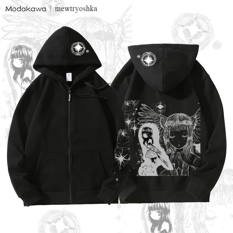 MODAKAWA X mewtryoshka Praying Angel Girl Graphic Fleece Lined Zip Up Hoodie Sweatshirt - Black - 5XL - image 3