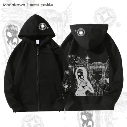 MODAKAWA X mewtryoshka Praying Angel Girl Graphic Fleece Lined Zip Up Hoodie Sweatshirt - Black - 5XL - image 3