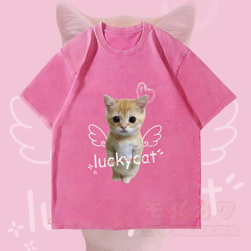 MODAKAWA LUCKY CAT Engelkatze Grafik Unisex Vintage Washed T-Shirt - Rosenrot - 4XL - image 3
