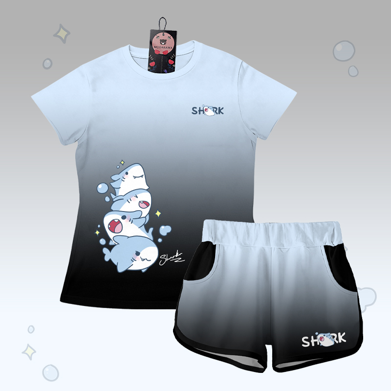 T-Shirt mit Farbverlauf und Hai-Grafik, Shorts mit Buchstabengrafik von Modakawa, passendes Outfit - Blue & Black Set - 5XL - image 2