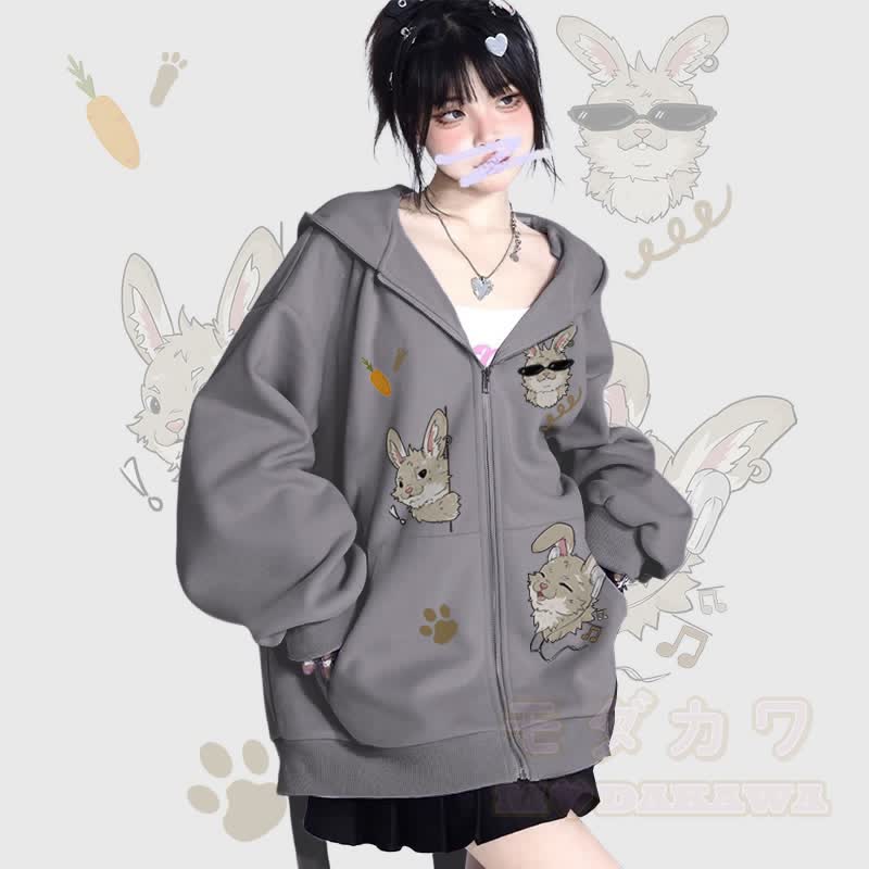 MODAKAWA Verspieltes Nabi-Grafik-Kapuzensweatshirt mit langen Hasenohren, Tasche und Reißverschluss - Grau - 2XL - image 3