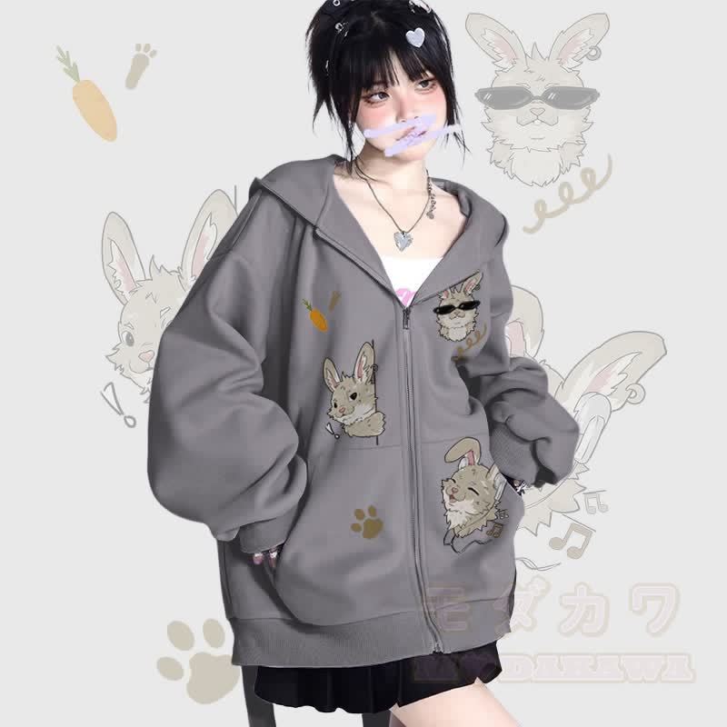MODAKAWA Verspieltes Nabi-Grafik-Kapuzensweatshirt mit langen Hasenohren, Tasche und Reißverschluss - Grau - 2XL - image 3