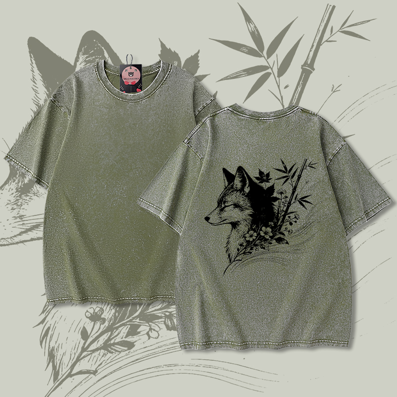 Modakawa Unisex Vintage T-Shirt mit Bambusfuchs-Motiv - Green - 5XL - image 5