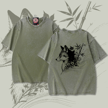 Modakawa Unisex Vintage T-Shirt mit Bambusfuchs-Motiv - Green - 5XL - image 5
