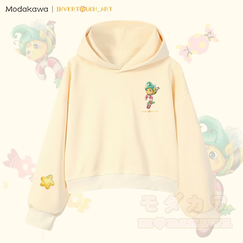 MODAKAWA X INVERTOUCH_ART Niedlicher Weihnachtsbienen-Hoodie Modakawa Cropped Cotton Hoodie - Aprikose C - 3XL - image 15
