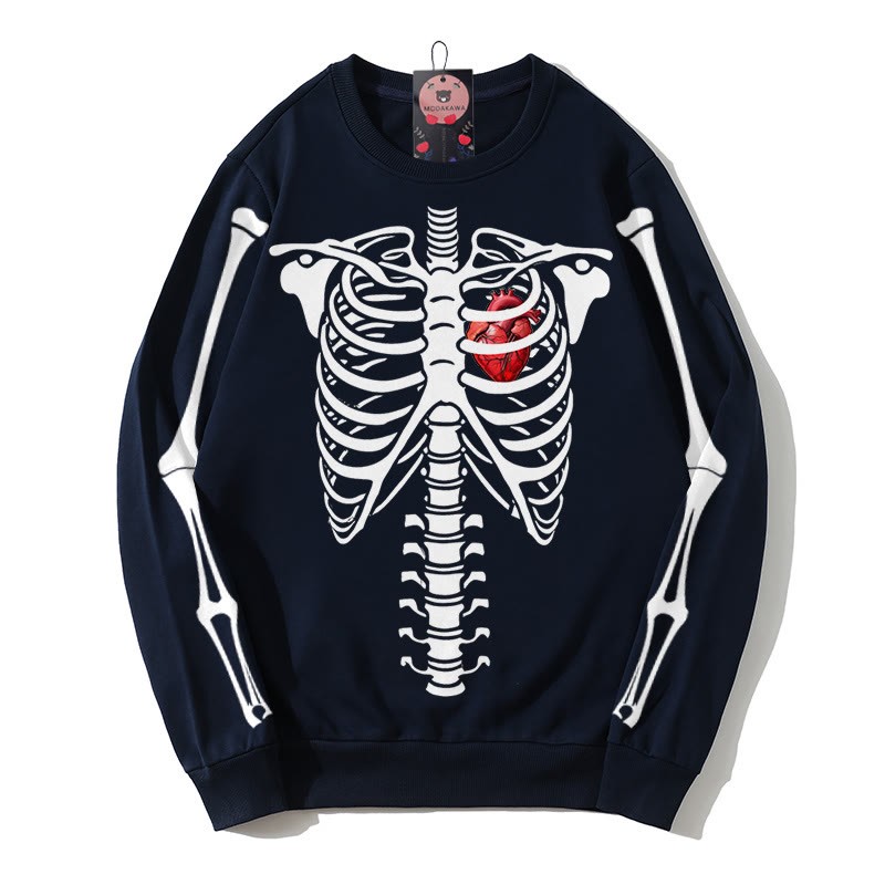 Modakawa-Sweatshirt aus Baumwolle mit Skelett-Herz-Print und Rundkrage