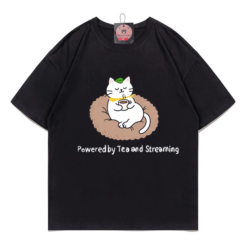POWERED BY TEA AND STREAMING Kitty Print 100% Baumwolle Modakawa T-Shirt - Black - 5XL - image 1