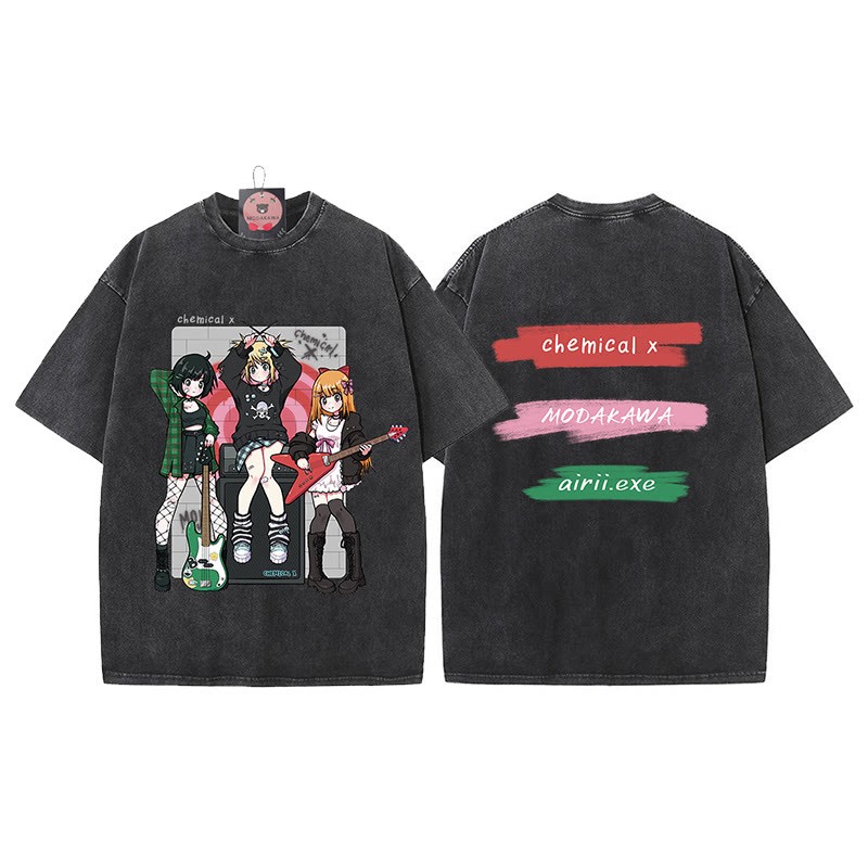 MODAKAWA X airii.exe Gitarrenmädchen-Buchstabendruck, Vintage-gewaschen, 100 % Baumwolle, Modakawa-T-Shirt - Black - 5XL - image 1