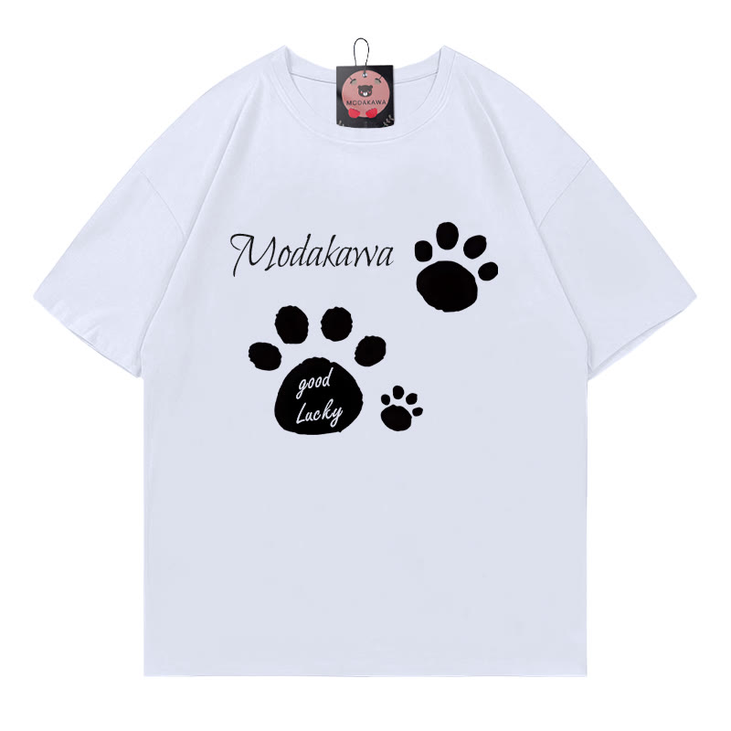 Viel LUCKY! T-Shirt mit Katzenpfoten-Schriftzug, 100 % Baumwolle, Modakawa - White - 5XL - image 2