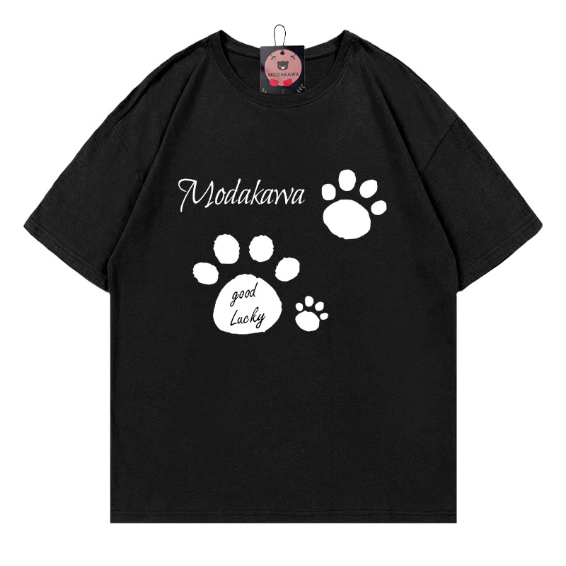 Viel LUCKY! T-Shirt mit Katzenpfoten-Schriftzug, 100 % Baumwolle, Modakawa - Black - 5XL - image 1