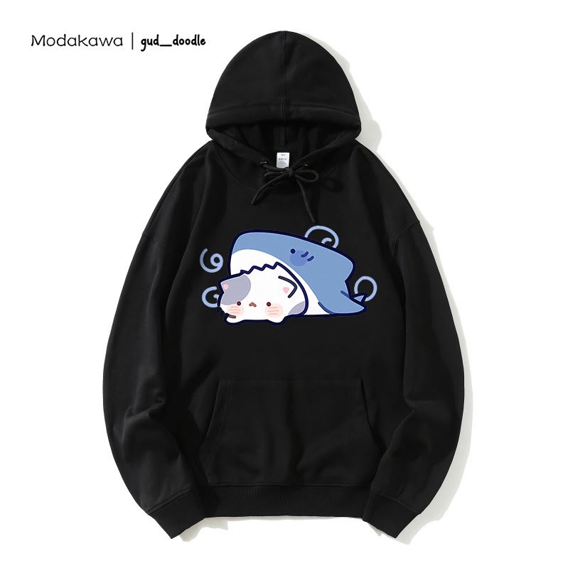 Modakawa x gud_doodle – Lockerer Hoodie mit Hai- und Kätzchen-Print - Black - 5XL - image 3