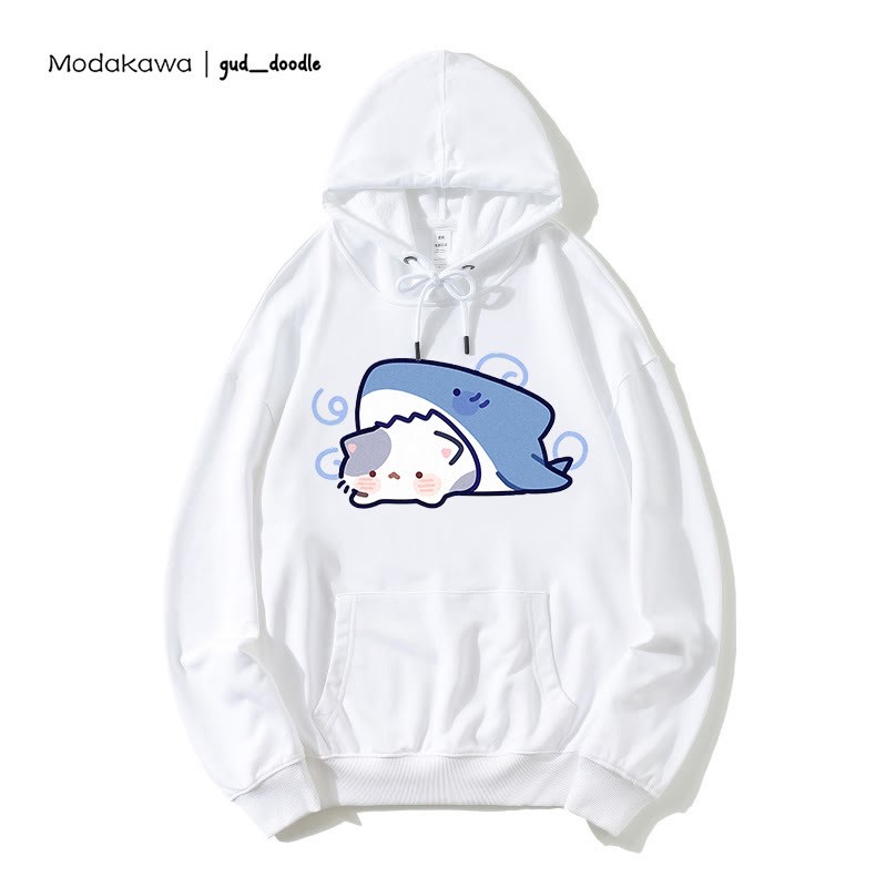 Modakawa x gud_doodle – Lockerer Hoodie mit Hai- und Kätzchen-Print - White - 5XL - image 1