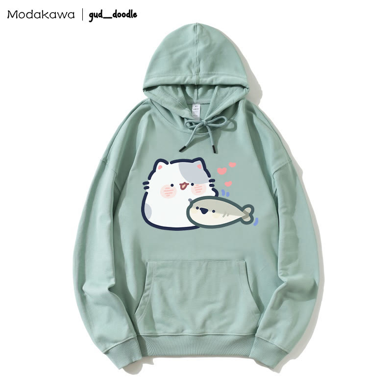 MODAKAWA X gud_doodle – Lockerer Hoodie mit Kitten-Fisch-Print - Green - 5XL - image 1