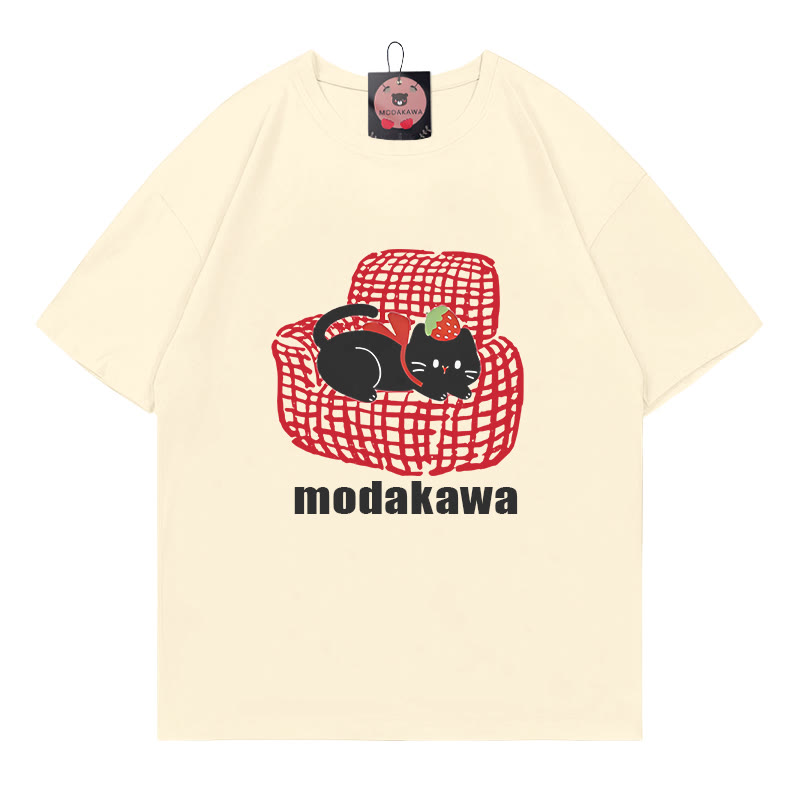 Sofa Kitty Print Modakawa T-Shirt - Apricot - 5XL - image 1