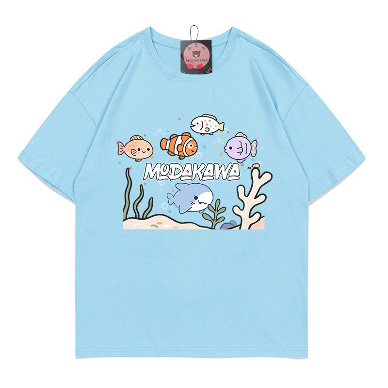 Modakawa T-Shirt mit Ozeanwelt-Buchstabenprint - Blue - 5XL - image 1