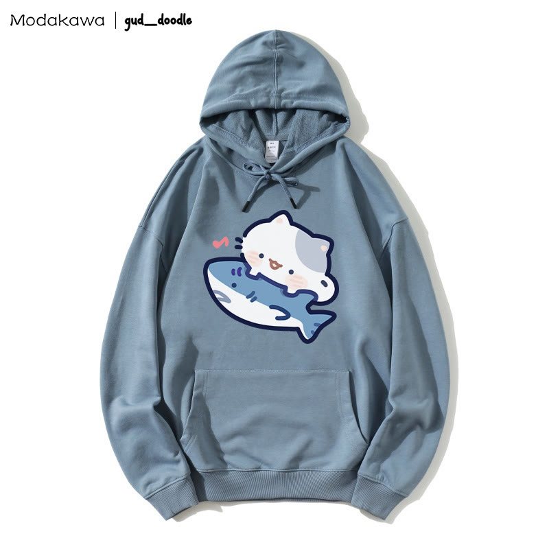 MODAKAWA X gud_doodle Lockerer Hoodie mit Kitty-Hai-Print - Slate Blue - 5XL - image 7