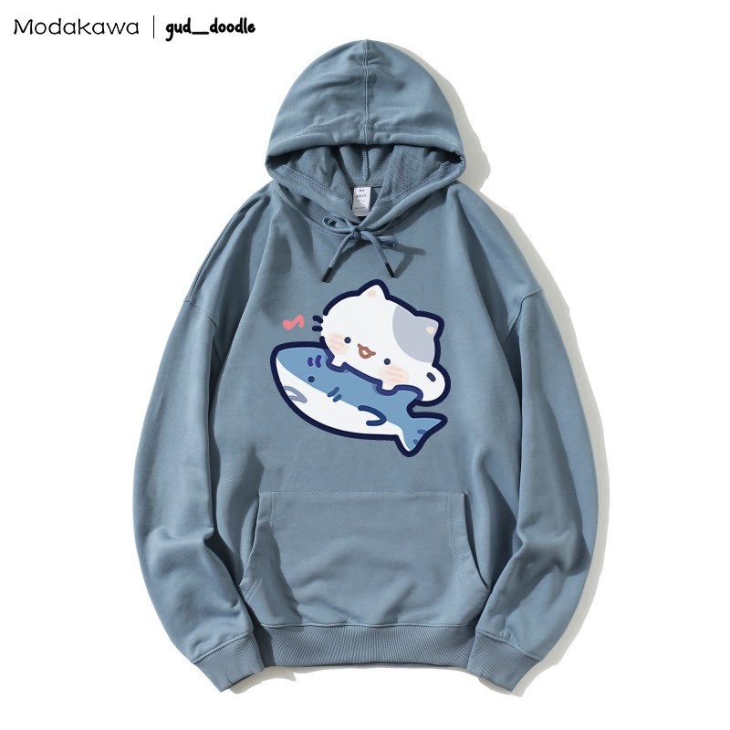 MODAKAWA X gud_doodle Lockerer Hoodie mit Kitty-Hai-Print - Slate Blue - 5XL - image 7