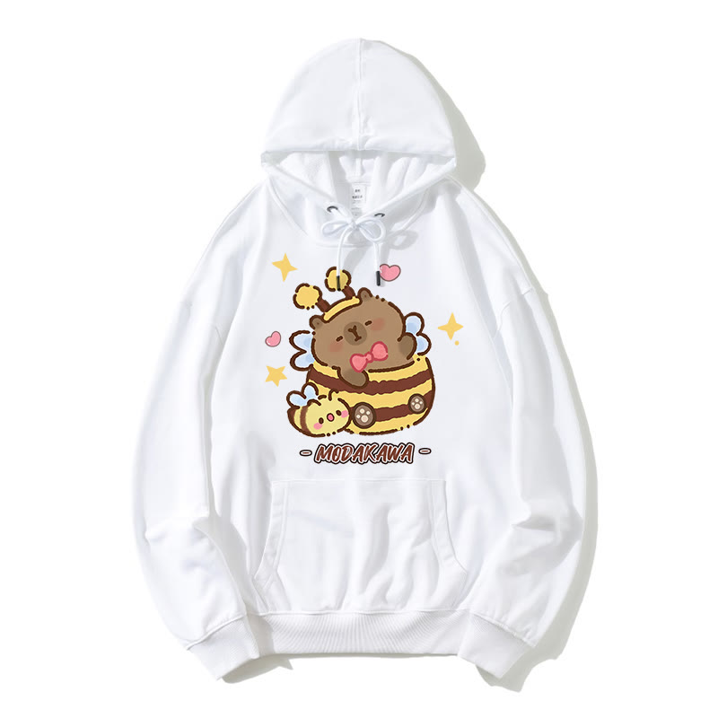 Capybara Bee Letter Print Modakawa Lockerer Hoodie - White - 5XL - image 2