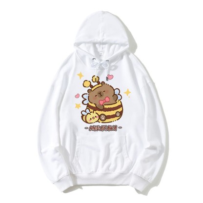 Capybara Bee Letter Print Modakawa Lockerer Hoodie - White - 5XL - image 2