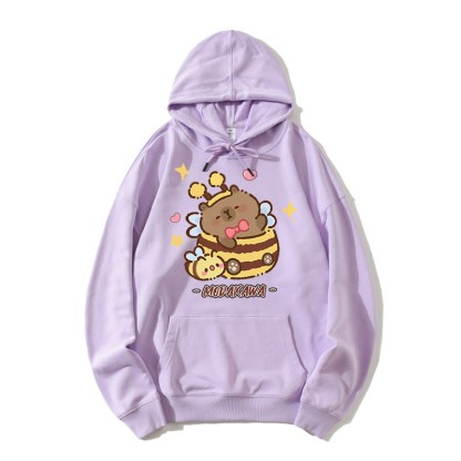 Capybara Bee Letter Print Modakawa Lockerer Hoodie - Purple - 5XL - image 1