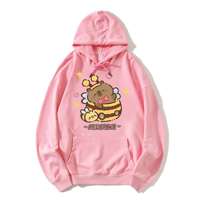 Capybara Bee Letter Print Modakawa Lockerer Hoodie - Pink - 5XL - image 3
