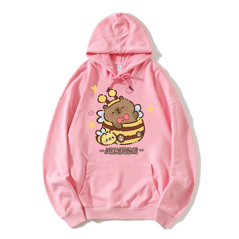 Capybara Bee Letter Print Modakawa Lockerer Hoodie - Pink - 5XL - image 3