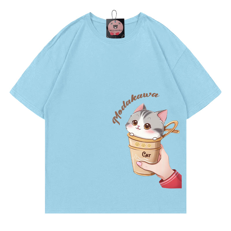 Cup Kitty Letter Print MODAKAWA T-Shirt - Blue - 5XL - image 2