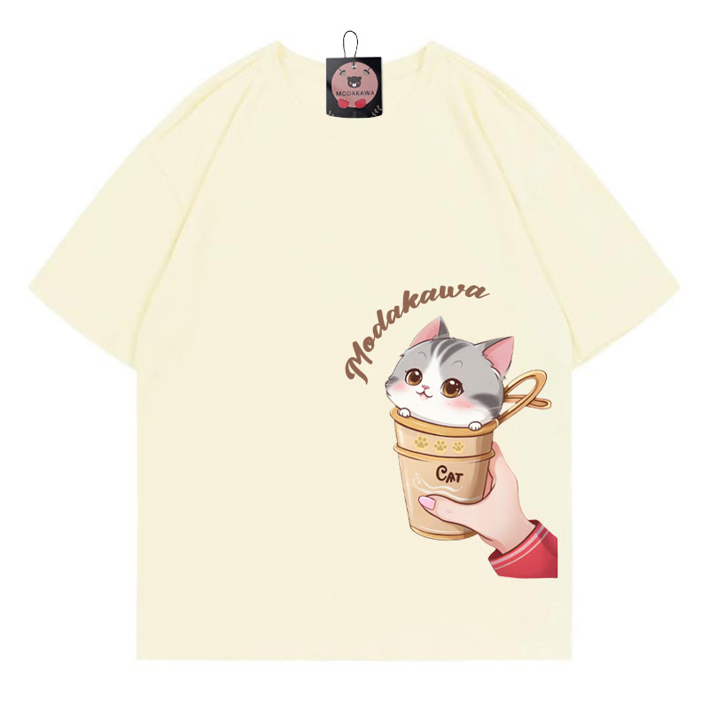 Cup Kitty Letter Print MODAKAWA T-Shirt - Apricot - 5XL - image 1
