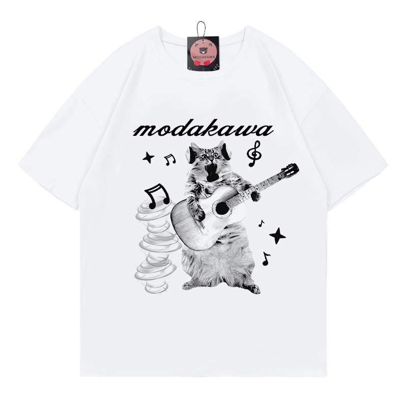 Gitarren-Kitty-Buchstabendruck MODAKAWA T-Shirt - White - 5XL - image 1