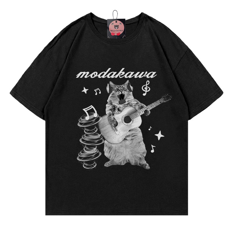 Gitarren-Kitty-Buchstabendruck MODAKAWA T-Shirt - Black - 5XL - image 2