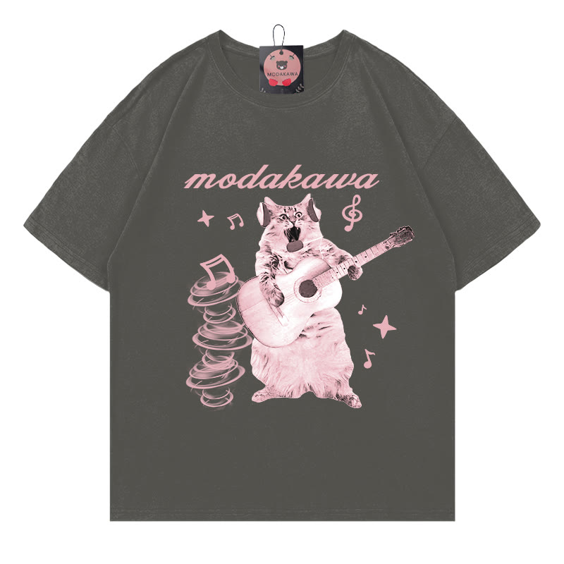 Gitarren-Kitty-Buchstabendruck MODAKAWA T-Shirt - Grey - 5XL - image 4
