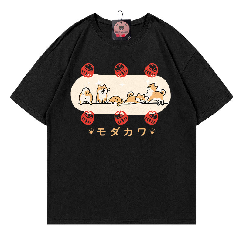 Puppy Daruma Doll Letter Print Modakawa T-Shirt - Black - 5XL - image 1