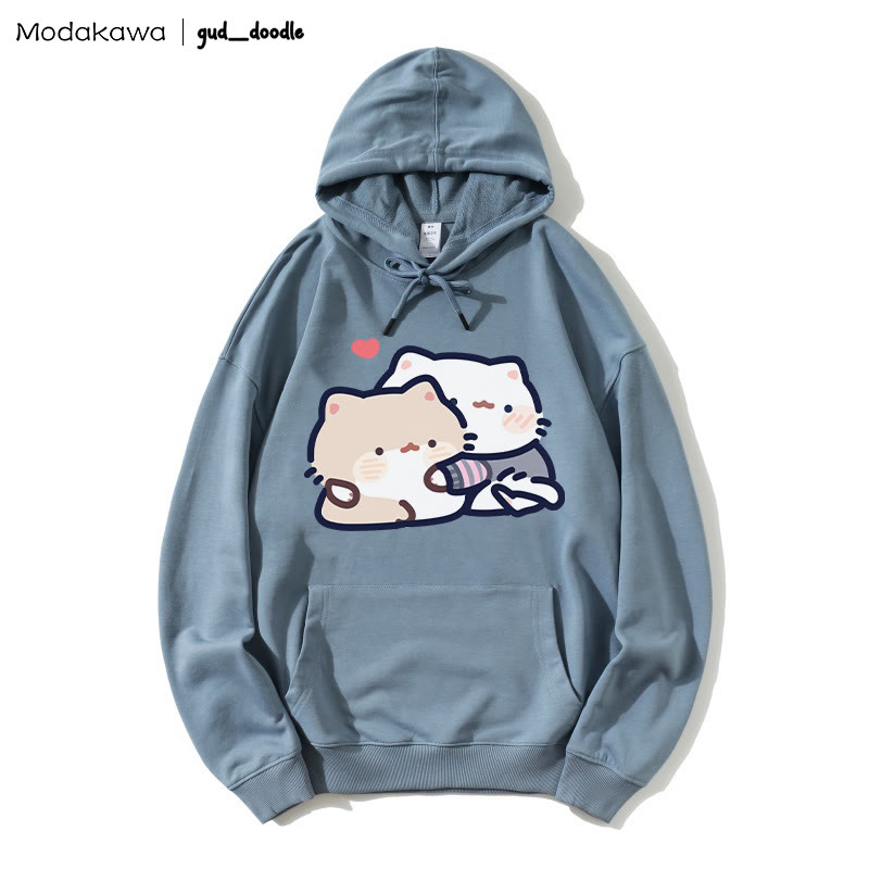 MODAKAWA X gud_doodle – Lockerer Hoodie mit Kitten-Print - Slate Blue - 5XL - image 1