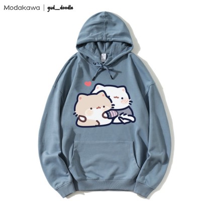 MODAKAWA X gud_doodle – Lockerer Hoodie mit Kitten-Print - Slate Blue - 5XL - image 1
