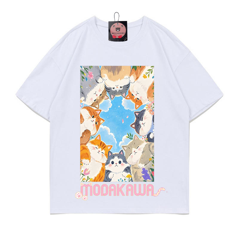 Kitty Crowd Watching Letter Print Modakawa T-Shirt - White - 5XL - image 2