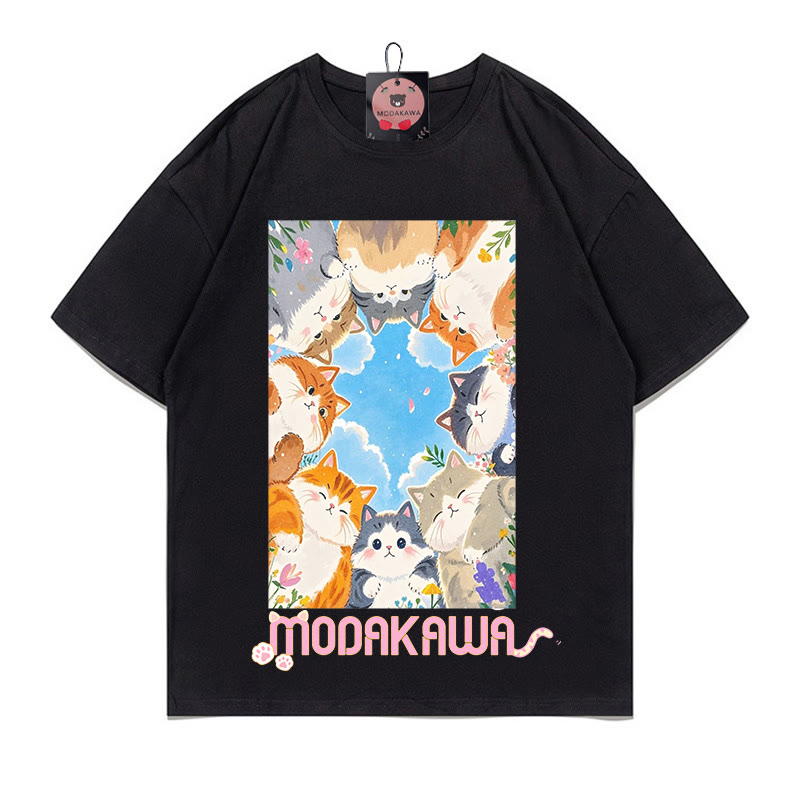 Kitty Crowd Watching Letter Print Modakawa T-Shirt - Black - 5XL - image 1