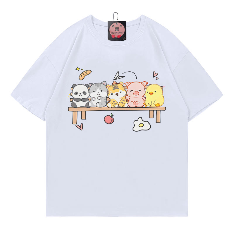 Modakawa T-Shirt mit Tiermotiv „In einer Reihe sitzend“ - White - 5XL - image 2