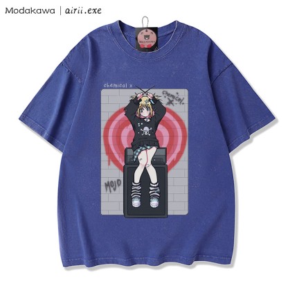 MODAKAWA X airii.exe CHEMICAL Girl Letter Print Vintage Washed 100% Baumwolle Modakawa T-Shirt - Blue - 3XL - image 1