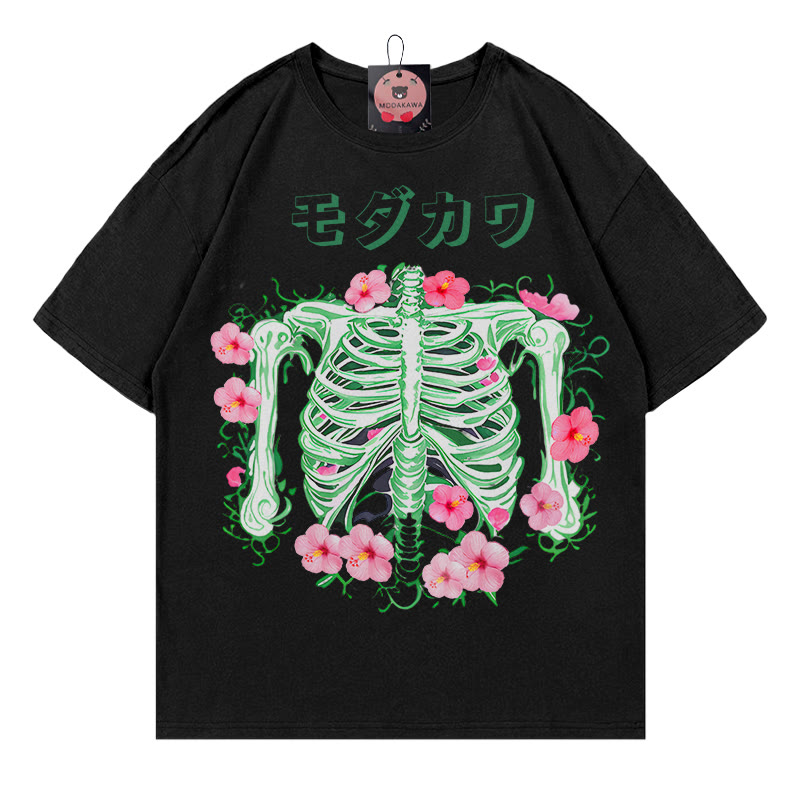 Modakawa T-Shirt mit Skelett-Blumen-Buchstabenprint - Black - 5XL - image 2