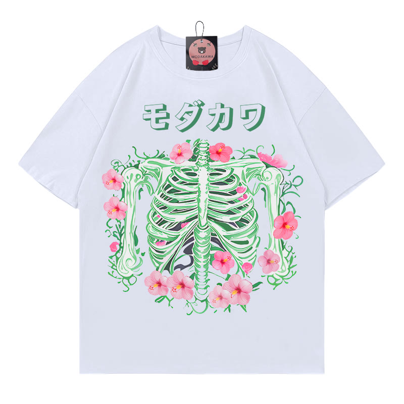 Modakawa T-Shirt mit Skelett-Blumen-Buchstabenprint - White - 5XL - image 1