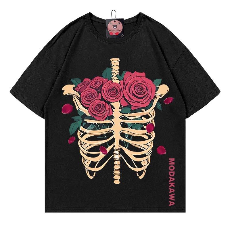 Modakawa T-Shirt mit Skelett-Rosen-Buchstabenprint - Black - 5XL - image 2