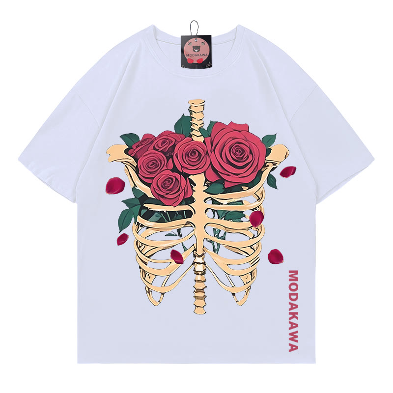 Modakawa T-Shirt mit Skelett-Rosen-Buchstabenprint - White - 5XL - image 1