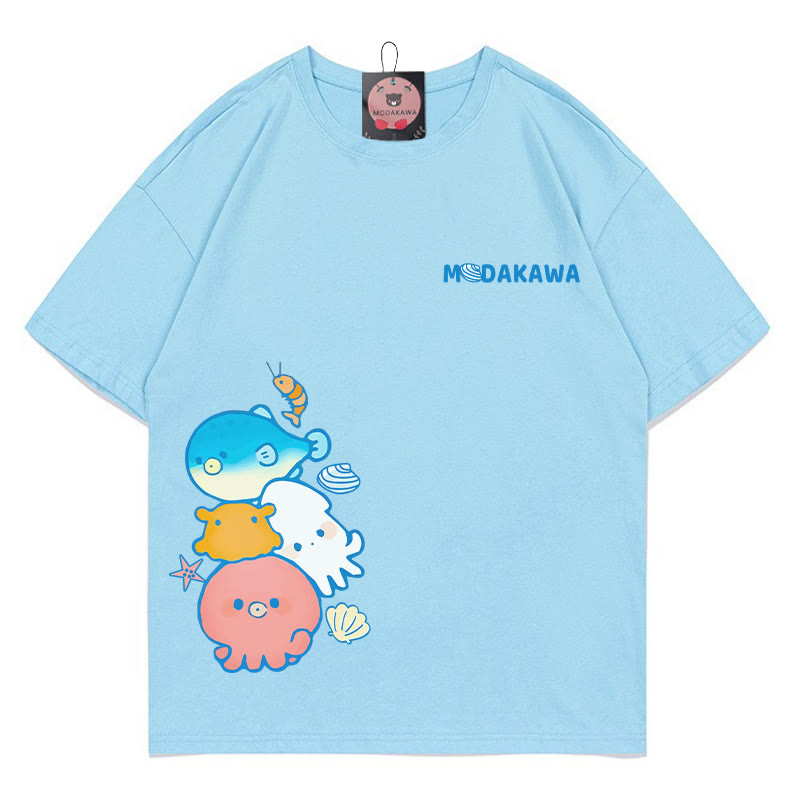 Modakawa T-Shirt mit Oktopus-Fisch-Buchstabenprint - Blue - 5XL - image 1